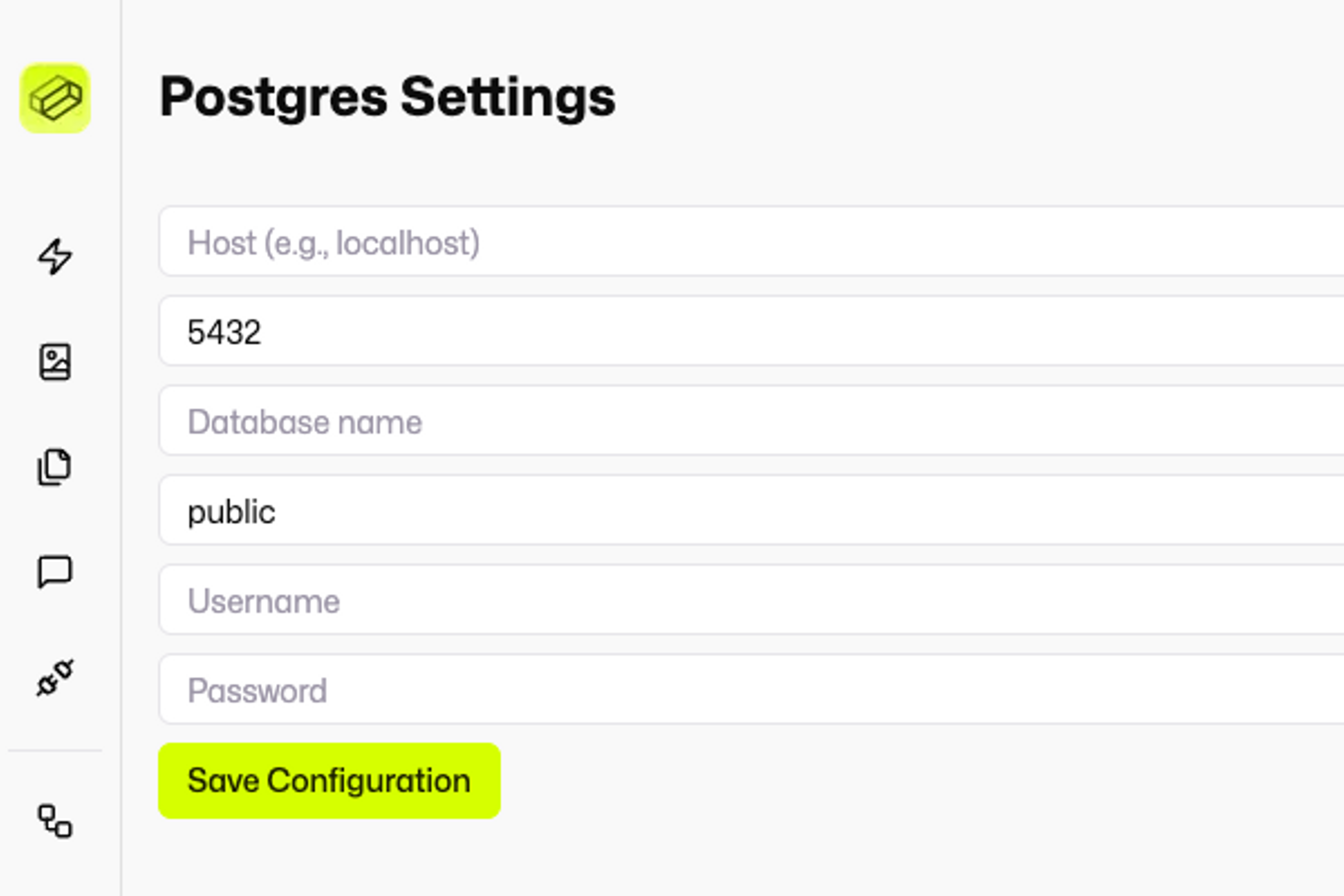 Connection screen to configure Postgres