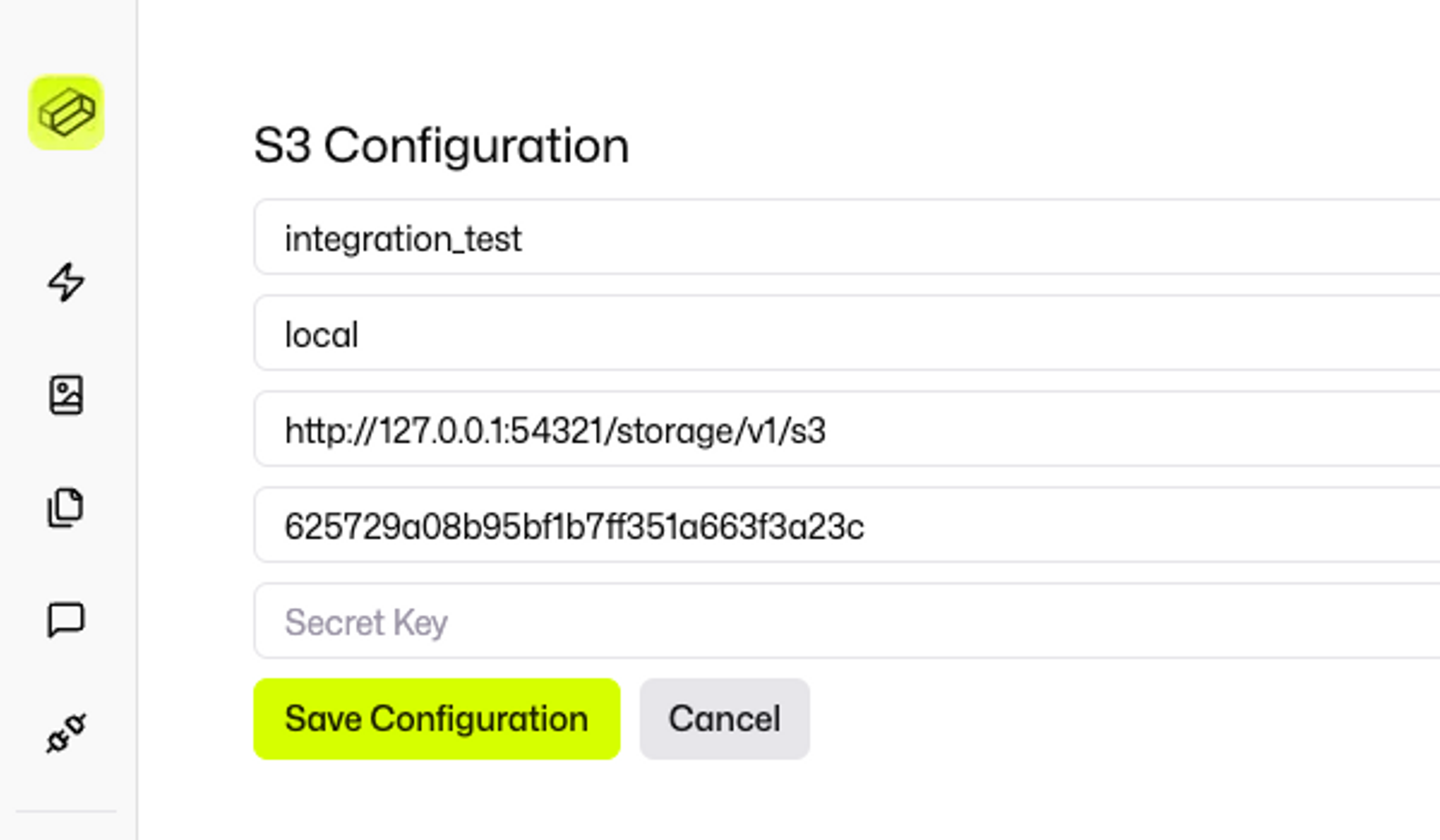 Connection screen to configure S3