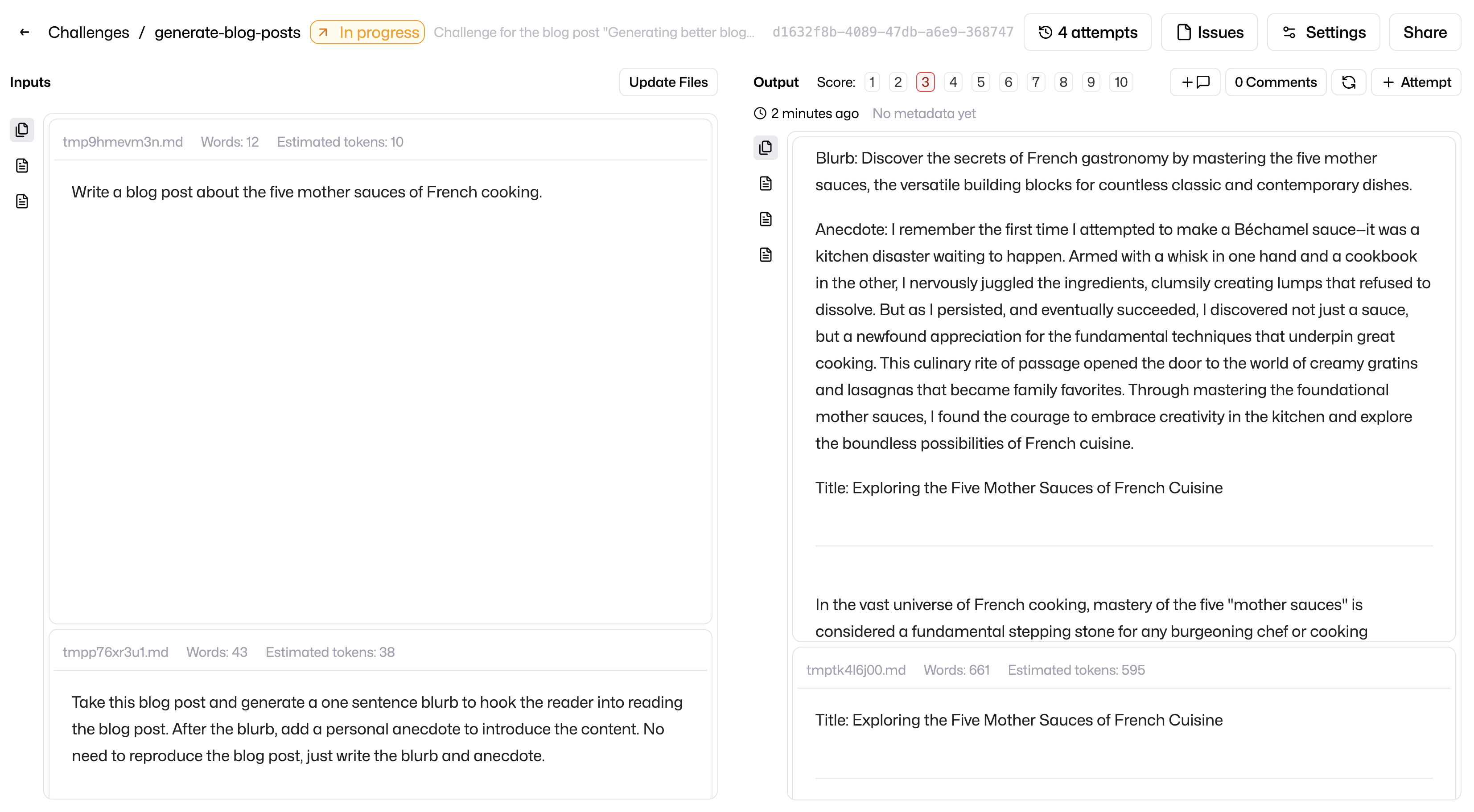 Now we logged multiple prompts as inputs, then in reverse order we logged all intermediate steps of our AI content generation pipeline